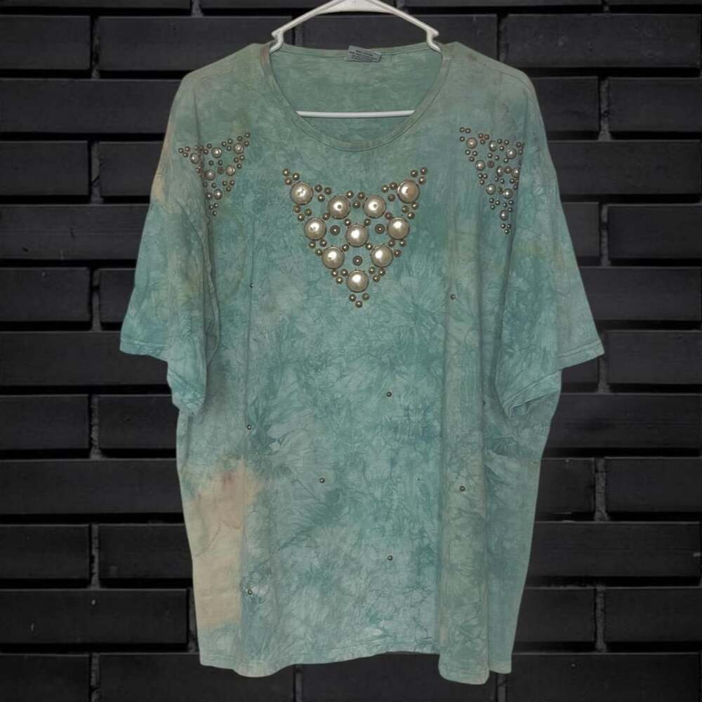 Vintage Focus Tie-Dye Beaded Pearl Studded T-Shirt One Size